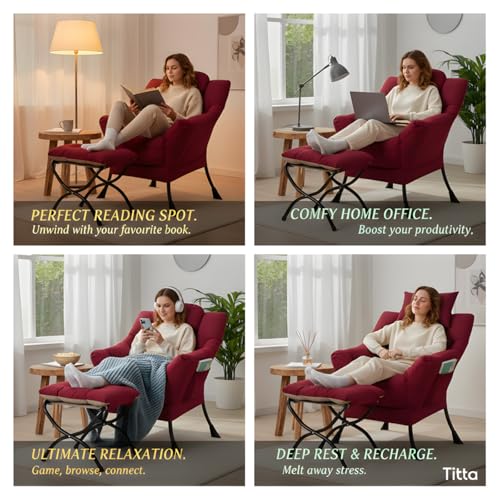 Tiita Lazy Chair with Ottoman, Red Modern Large Accent Chair, Comfy Leisure Sofa Armchair with Ottoman, Reading Chair with Footrest for Bedroom, Living Room, Dorm Rooms, Wine red - color: Burgundy