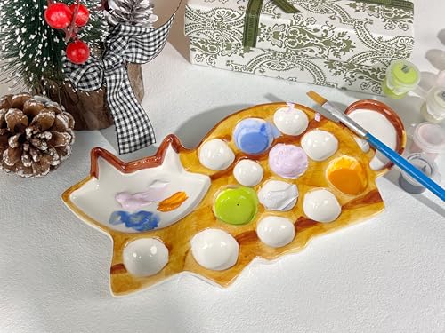 Ceramic Palette - Cat Shaped Painting Tray with Mixing Zones & Individual Wells, Durable Ceramic Artist Palette for Watercolor, Gouache - Painting Gift
