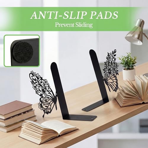 Sanwarm Metal Bookends Butterfly Floral Book Ends Decorative Bookend for Home Office Library Desk Book Shelves Decor, Gift for Reading Enthusiasts Non-Skid Book Stoppers Holder (Black 1 Pair) - color: Butterfly Floral
