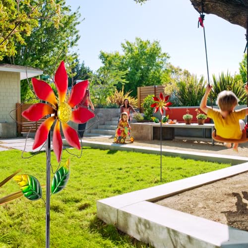 Wind Spinner Outdoor,14’’ Dia Red Flower Shape Garden Pinwheels Spinners,Waterproof Windmill for Yard Lawn Patio Decor - size: 14'' Red
