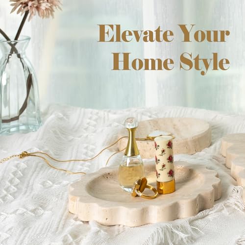 Koville 5.51" Travertine Tray, Natural Stone Trinket Dish for Ring Perfume, Round Scalloped Decorative Tray for Bathroom Vanity Dresser Countertop, Home Table Decor - color: Beige Travertine, size: D=5.51"