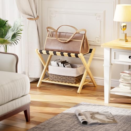 SMIBUY Luggage Rack, Foldable Bamboo Suitcase Stand with Storage Shelf for Guest Room, Bedroom, Hotel, Heavy-Duty, 1 Pack (Natural) - color: Natural