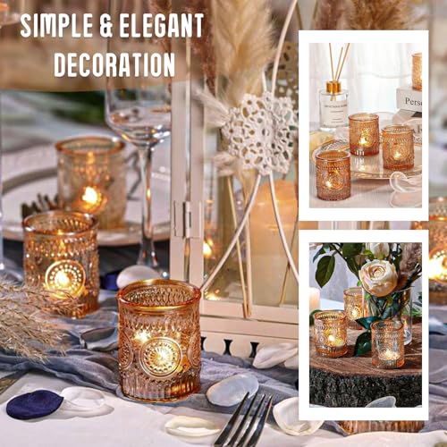 24 Pcs Amber Glass Votive Candle Holders, Tealight Candle Holders for Table Centerpieces, Vintage Candle Holder Bulk, Boho Wedding, Home, Bridal Shower, Birthday Party Table Decor (Amber) - color: Amber