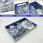 Serving Tray with Handles, 15.7 * 11.8 inches, Plastic Ottoman Tray with Exquisite Paintings, Trays for Coffee Table - color: Blue Peony