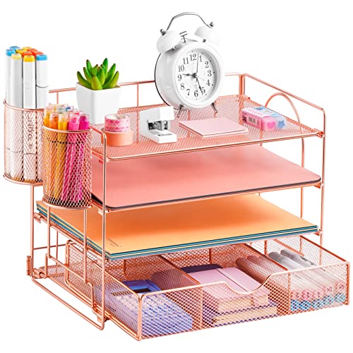 Lavatino 4-Tier Desk Paper Letter Tray Organizer for Desk Accessories & Workspace Organizers with Drawer and 2 Pen Holder for Home, School, Office Supplies Storage (Rose Gold) - color: 4 Tier - Rose Gold