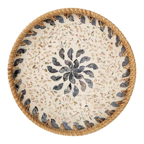 StorageWorks Decorative Coffee Table Trays for Home Decor, Round Rattan Tray with Mother of Pearl Inlay, Small Wicker Woven Serving Tray Decor for Kitchen Counter, Living Room and Ottoman, Blue - color: Blue Petal, size: 11.8"