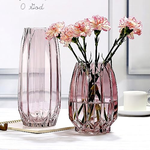 Lucky Bird Purple Pink Ribbed Glass Vase for Flowers and Candles - Modern Centerpiece (H12.0 inch) - color: Pink, size: H-11.8inch