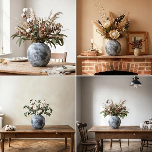 Lvases Farmhouse Rustic Ceramic Vase, 6.5 inch Gray-White Handcrafted Weathered Stone Pottery Terracotta Vintage Vases for Home Decor Living Room Table Shelf Decorative (Round - B) - color: Gray+white, size: 6.5 in X 6.1 in