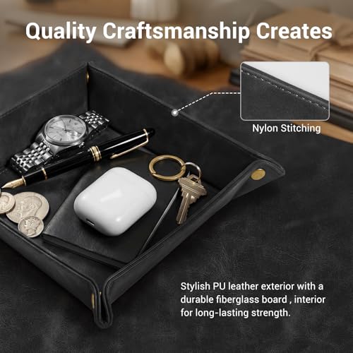 CoBak Leather Valet Tray for Men, Premium PU Leather Catch-All Tray for Entryway Table Key, Phone, Wallet, Coins & Jewelry, Bedside Nightstand Desk-top Catchall (Black) - color: Black