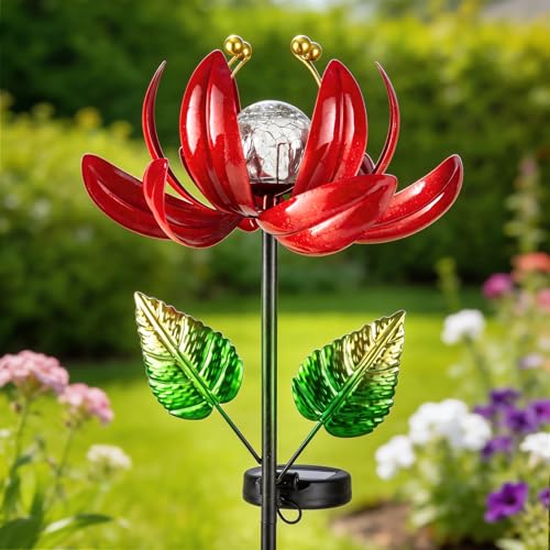 AIINY Solar Lights Outdoor Garden Decor, Solar Wind Spinner Yard Decorations Gifts for Outside, Lotus Windmill Pathway with LED Cracked Crystal Ball Waterproof Flower Sculpture for Patio Lawn - color: Charming Purple
