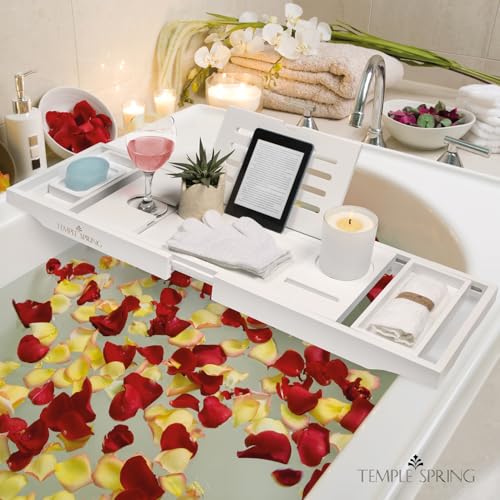Temple Spring Bamboo Bathtub Tray Caddy for Tub — Expandable Wood Bath Tray with Solid Book Stand Wine Holder and Non-Slip Pads — Includes Bamboo Soap Dish and Spa Accessories — Luxury Bath Gift Set - color: White
