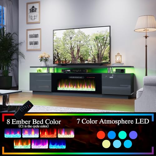 AMERLIFE Fireplace TV Stand with 40" Fireplace, 80" Modern Fireplace Entertainment Center LED Lights, 2 Tier TV Console Cabinet for TVs Up to 90", Grey - color: Grey, size: 80"