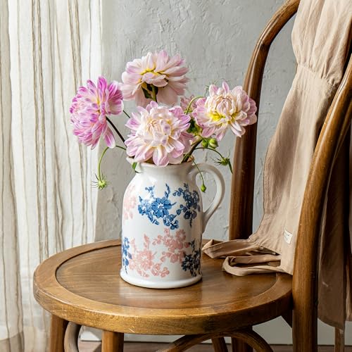 Pink Blue and White Pitcher Vase, 8 Inch Vintage Chinoiserie Ceramic Flower Vase, Rustic Retro Ice Cracked Antique Porcelain Vases for Home Farmhouse Table Centerpieces Shelf Decor ﻿ - color: Pink & Blue, size: Pitcher