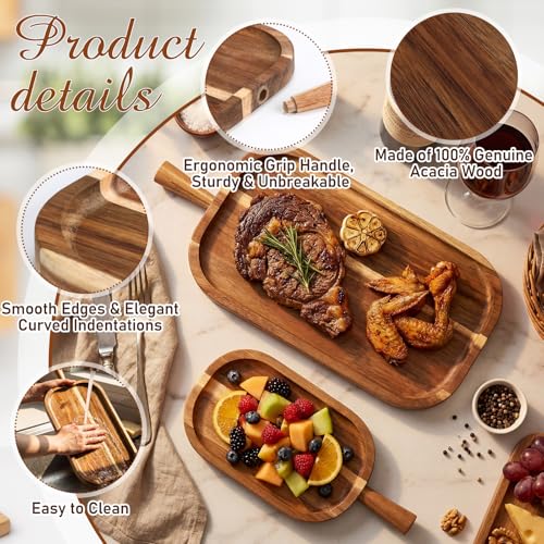 Acacia Wood Serving Board with Handle Rectangular Charcuterie Tray Acacia Dinner Platter with Natural Grain Finish Mom Gift for Food Meat Bread Appetizer Snack(16''l X 7.65''w X 1.25''d) - size: 16" x 7.7" x 1.3"