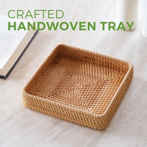 Rattan Serving Tray, Square Woven Storage Basket, Wicker Baskets for Organizing, Natural Wicker Decorative Serving Baskets for Organizing Tabletop Bathroom Kitchen Counter Square - style: S (8.2" × 8.2")