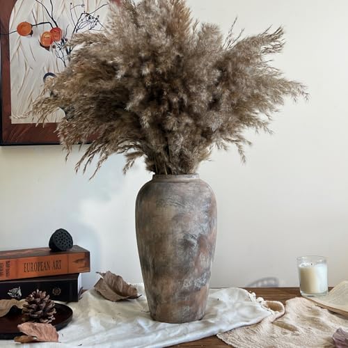 12 Inch Vintage Farmhouse Decor Ceramic Rustic Vase, Handmade Brown Flower Vases for Centerpieces, Living Room & Kitchen Shelf Decorative Pottery Vase for Home Decor - color: Brown, size: Small