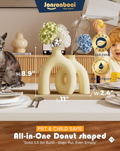 Hug Donut Decorative Vase Set - Beige Vase, Modern Nordic Boho Style Vases Home Decor, Matte Ceramic Decorations for Living Room Shelf, Bookshelf Mantle Entryway Table or Console Décor (Beige) - color: Beige