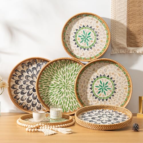 14 inch Round Rattan Tray Home Decor, Wicker Serving Tray with Mother of Pearl Inlay, Boho Decorative Tray for Coffee Table, Ottoman, Kitchen Table, Bathroom (Coastal Blue) - color: Coastal Blue, size: 14 inch