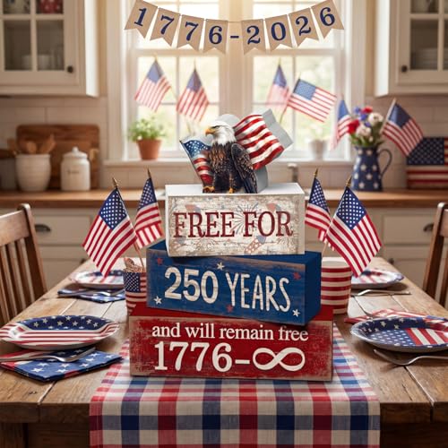 CroBlissful 4 Pcs 250th Anniversary 4th of July Decorations Patriotic Memorial Day Tabletop Decorations America Eagle Red White Blue Table Centerpieces USA Sign for Office Tiered Tray Home Shelf - style: 250 Years