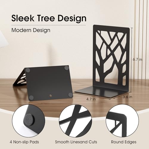 MaxGear Book Ends Tree Design Modern Bookends for Shelves, Non-Skid Book Holder, Heavy Duty Metal Book Storage for Books/CDs, Decorative Book Stopper for Home, 7 x 4.7 x 3.5”, Black,2 Pair/4 Pieces - size: 2 Pairs