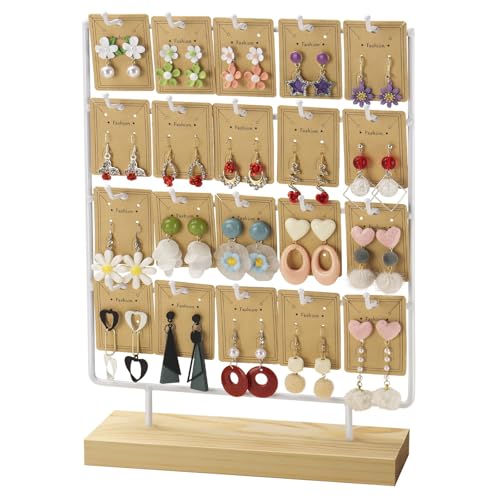 Earring Display Stand for Selling,Earring Display for Vendors, Wood Earring Rack Tower Display Holder Stand with Card (4 Tier,20 Hooks, White) - color: White