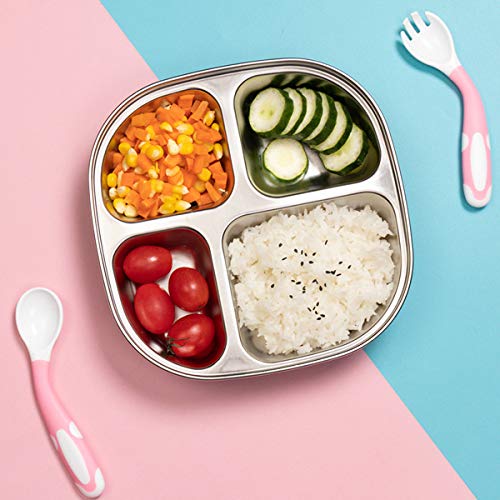 Set of 2 Stainless Steel Dinner Plates 4 Sections Divided Platter Dinner Tray - Lightweight Metal Plate for Adults and Campers, Portion Control Bariatric Weight Loss and Diabetic Diet Plates - size: F4C (4 Sections)