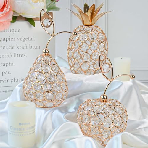 Set of 3 Elegance Crystal Metal Pineapple Pear Table Centerpiece Handmade Crystal Candlestick Hollow Fruit Ornament Home Party Wedding Holiday Decoration (Gold, Set of 3) - color: Gold