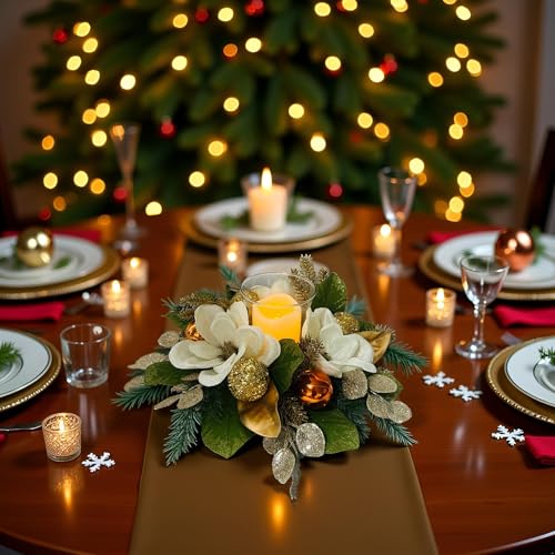 18" Centerpiece with Flameless LED Candle Holder, Design with White Artificial Magnolia, Gold Baubles & Spruce Branches for Holiday Decor (White) - color: White