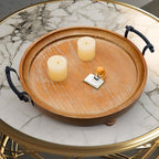 Wooden Decorative Tray for Coffee Table, Round Wood Serving Tray with Metal Handles, 13 Inch Rustic Wood Trays for Tale Centerpiece, Home Kitchen Farmhouse Decor
