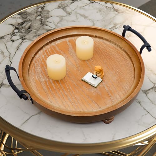 Wooden Decorative Tray for Coffee Table, Round Wood Serving Tray with Metal Handles, 13 Inch Rustic Wood Trays for Tale Centerpiece, Home Kitchen Farmhouse Decor