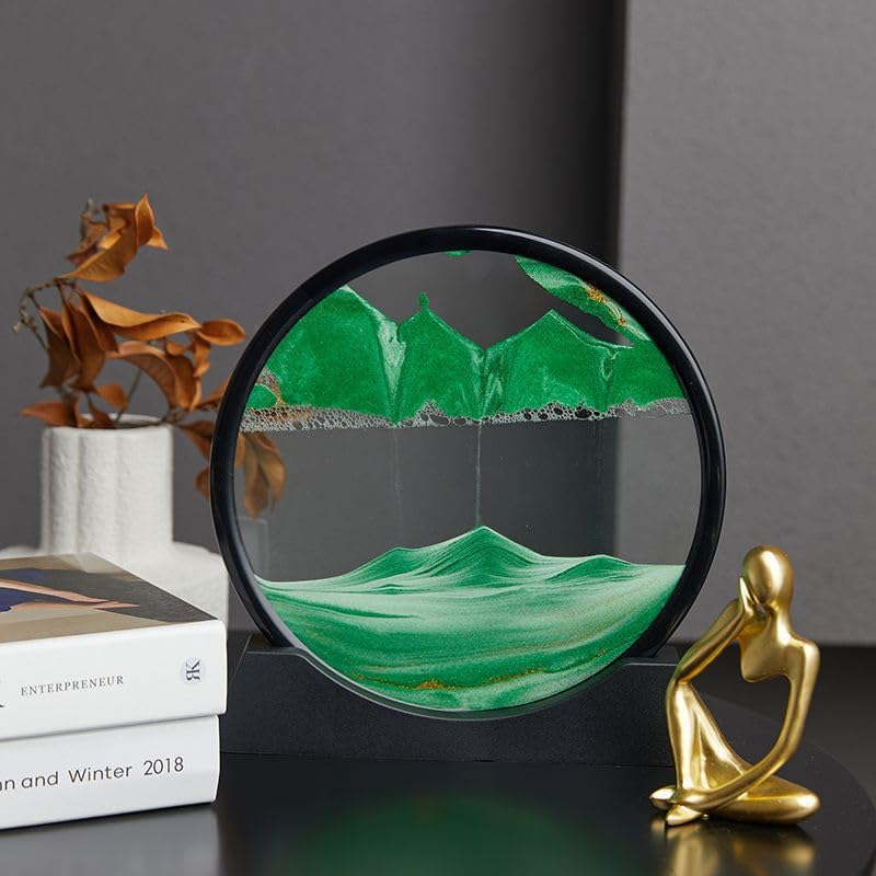 Moving Sand Art Liquid Motion, 3D Deep Sea Sandscape Color Quicksand Decor, Round Glass Moving Sand Art Picture Relaxing Desktop Home Office Work Decor (12 inch-Green) - color: Green, size: 12 Inch