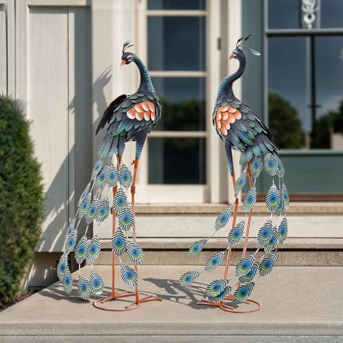 36" Oversized Peacock Decor Set of 2, Hand-Painted Metal Yard Art, Weatherproof Outdoor Garden Statues & Sculptures for Lawn, Flower Beds, Patio, Backyard or Indoor Kitchen & Home Decor - color: 36" -Retro Blue Peacock