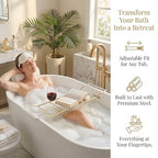 Cabilock Luxury Stainless Steel Bathtub Caddy Tray - 24.8in Expandable Modern Bath Rack for Tub with Wine Glass & Book Holder - Rustproof Shower Organizer & Tablet Stand for Home Spa, Gold - color: Golden