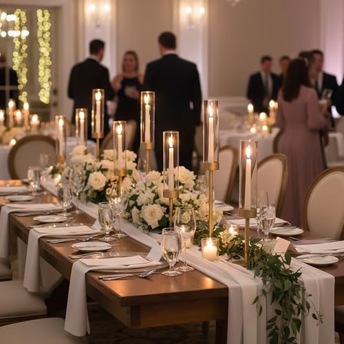 Ronasip Hurricane Candle Holders Set of 6, Matte Gold Metal Taper Candlestick Holders with Clear Glass Chimney Cylinder Tubes, Tall Candle Stands for Wedding, Christmas, Dining Table Centerpiece Decor