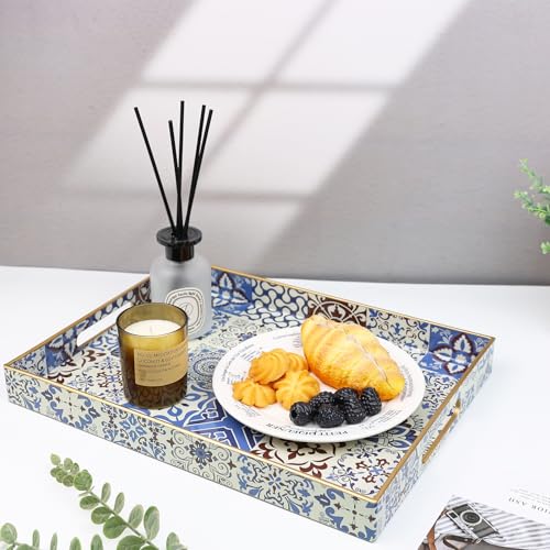 Spsyrine Decorative Serving Tray with Handles, Lacquered Coffee Table Tray for Ottoman, Rectangular Waterproof Platters for Centerpieces, Parties, Living Room, Kitchen Counter Organization SP3040RE1 - color: Sp3040re1, size: 16" x 12" x 1.6"