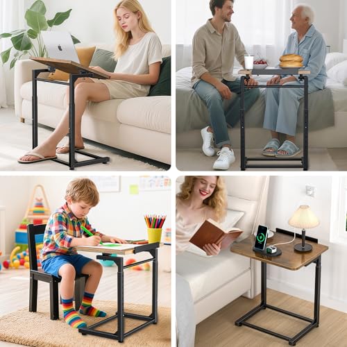 Tv Tray Table, 8-Level Adjustable Height Couch Side Table，90° Tilt Angle Adjustments C-Shaped End Table, with Phone & Tablet Slot Sofa Computer Desk for Couch, Sofa, Bed, Chair, Living Room (Brown) - size: 1 pcs