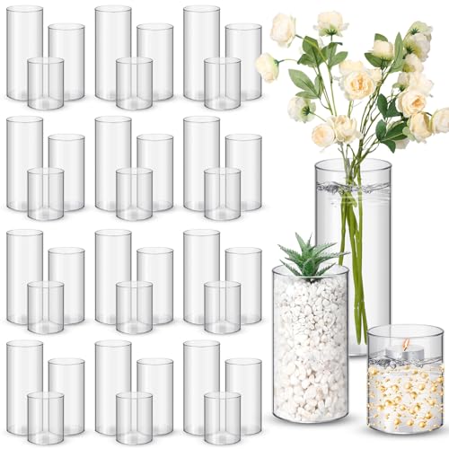 Nuogo 36 Pcs Plastic Cylinder Vases Tall Plastic Flower Vases for Centerpieces Hurricane Candle Holder for Home Wedding Office Party Formal Dinners Decorations (4''/6''/8'')