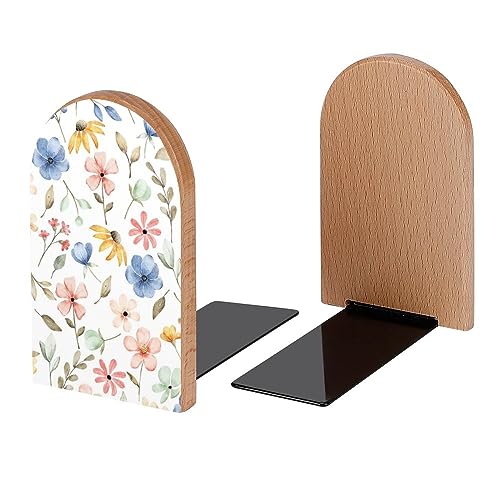 Seamless Flowers Blue Pink Book Ends Decorative Wood Bookends for Shelves Kids Room Desk Home Office Book Stoppers for Magazines,Books, DVDs, 1 Pair/2 Pieces(5x3.1 in)