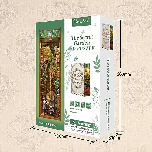 Tonecheer DIY Book Nook Kit for Adults, 3D Wooden Puzzle Bookend Bookshelf Insert Decor, Booknook Miniature House Kit with Body Motion Sensor LED Light (The Secret Garden)