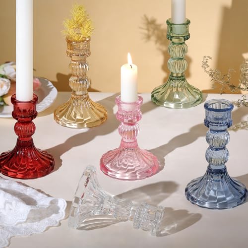 DARJEN 6Pcs Blue Candlestick Holders Set - 4" H & 5" H Striped Taper Candle Holders Bulk, Glass Candle Holders for Wedding, Festival, Party, Table Centerpiece, Gifts - color: Blue, size: Striped Pattern