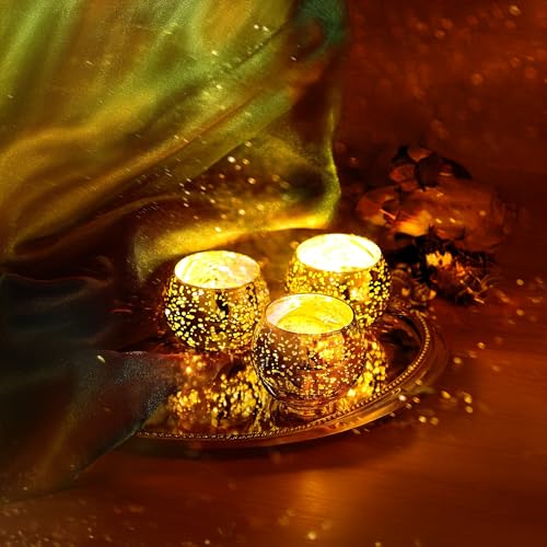 WGVI Gold Speckled Glass Tea Light Votive Candle Holder, Width 3", Height 2.5", Small Globe Bubble Bowl Round Vase, Mercury Votive Tabletop Décor, 1 Piece - size: Gold Bowl 2.5"H