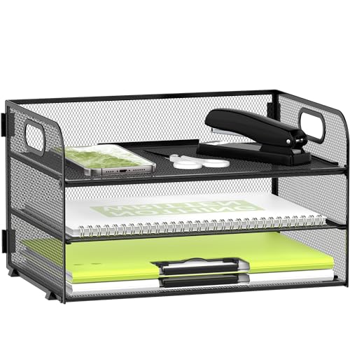 DALTACK 3 Tier Paper Organizer with Handle, Mesh Metal Desk Organizer with Sliding Paper Trays for Letter/A4 Paper, Mail, Bills & Folders, Black - color: Black