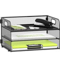 DALTACK 3 Tier Paper Organizer with Handle, Mesh Metal Desk Organizer with Sliding Paper Trays for Letter/A4 Paper, Mail, Bills & Folders, Black - color: Black