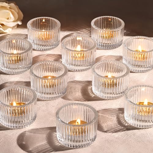 Lanttu Clear Tealight Candle Holder Set of 12, Small Votive Candle Holders for Wedding, Glass Tea Light Candles Holder for Party&Home Decor, Table Centerpiece (2''Dia*1.4''H) - color: Clear