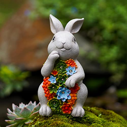 Nacome Solar Garden Outdoor Statues Bunny with Succulent and 7 LED Lights – Lawn Decor for Patio, Balcony, Yard Ornament for Mom Grandma Women - color: Light Grey Bunny