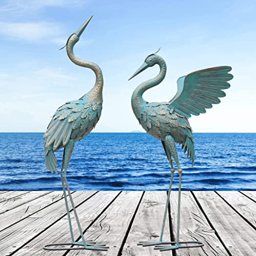 33-37 Inch Metal Crane Garden Statue Décor, Bird Garden Sculpture & Statues, Outdoor Decoration for Yard Patio Lawn Backyard Pool, Spring Decorations for Home, Set of 2 - color: Cyan