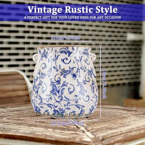 Ceramic Scroll Planter 6.5 Inch Chinoiserie Floral Vase with Drainage Holes Vintage Flower Vase Flower Pot Rustic Ceramic Pots for Indoor Plants Garden Home Bookshelf Decor (Retro Blue) - style: Retro