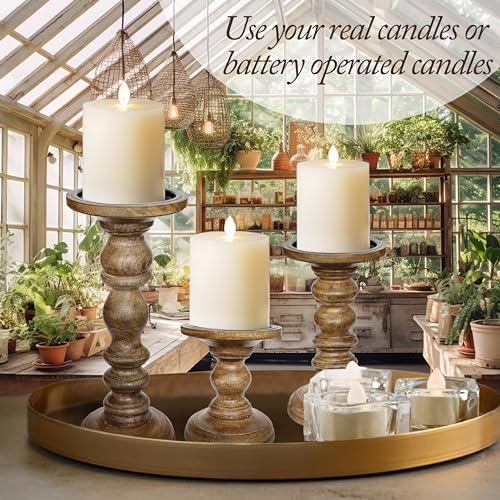 My Fancy Farmhouse Large Wood Candle Holders (Set of 3) - Tall Rustic Pillar Candlestick Stands - Fits 4 inch & 3 inch Pillar Candles - Modern Farmhouse Decor (Walnut Brown) - color: Natural Walnut