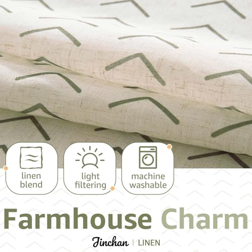 jinchan Boho Linen Blend Kitchen Curtains 24 Inch Length Herringbone Printed Tier Curtains for Small Windows Bathroom Cafe Laundry Room Set of 2 Rod Pocket Green on Linen - color: Arrow | Green on Linen, size: 26"W x 24"L (Pack of 2)