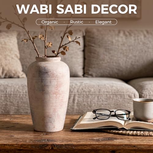Rustic Distressed Ceramic Threaded Vase, 11" H Handmade Wabi Sabi Decor Vase (Antique Terracotta with Lime White & Distressed Black Patches) for Living Room Table Centerpieces, Entryway & Fireplace - size: 11 inch-B